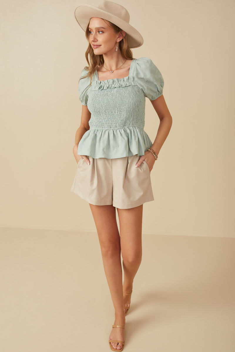 HY8149 Mint Womens Ruffle Detail Smocked Floral Embroidered Top Gif