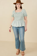 HY8149W Mint Plus Ruffle Detail Smocked Floral Embroidered Top Gif