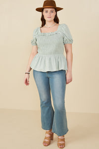 HY8149W Mint Plus Ruffle Detail Smocked Floral Embroidered Top Gif