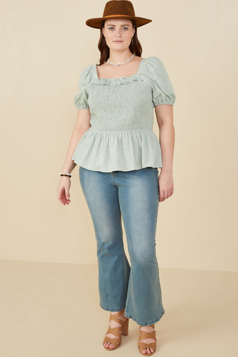 HY8149W Mint Plus Ruffle Detail Smocked Floral Embroidered Top Gif