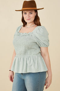 HY8149W Mint Plus Ruffle Detail Smocked Floral Embroidered Top Full Body