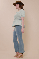 HY8149 Mint Womens Ruffle Detail Smocked Floral Embroidered Top Pose