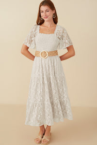 HY8158 Off White Womens Floral Lace Smocked Short Sleeve Dress Full Body