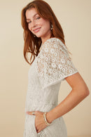 HY8158 Off White Womens Floral Lace Smocked Short Sleeve Dress Gif