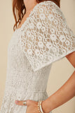 HY8158 Off White Womens Floral Lace Smocked Short Sleeve Dress Front