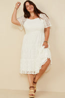 HY8158 Off White Womens Floral Lace Smocked Short Sleeve Dress Side