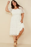 HY8158 Off White Womens Floral Lace Smocked Short Sleeve Dress Side