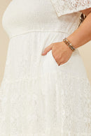 HY8158W Off White Plus Floral Lace Smocked Short Sleeve Dress Gif