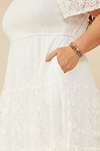 HY8158W Off White Plus Floral Lace Smocked Short Sleeve Dress Gif