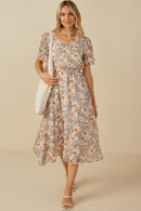 HY8161 Blue Womens Soft Floral V Neck Puff Sleeve Dress Full Body