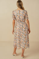 HY8161 Blue Womens Soft Floral V Neck Puff Sleeve Dress Detail