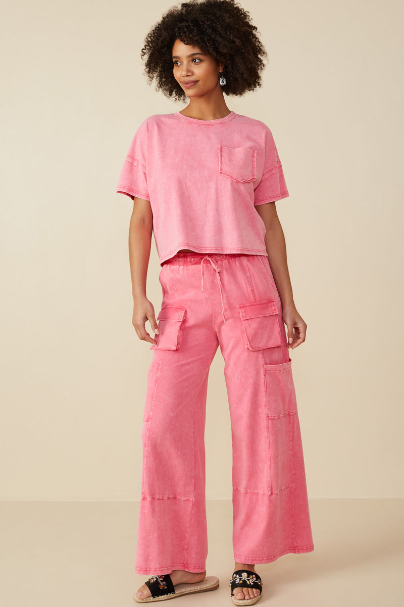 Womens Washed Raw Edge Detail Pocket T Shirt