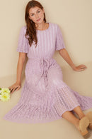HY8181 Lavender Womens Popcorn Textured Belted Dress Pose