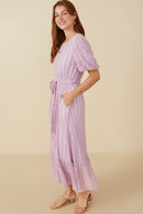 HY8181 Lavender Womens Popcorn Textured Belted Dress Back