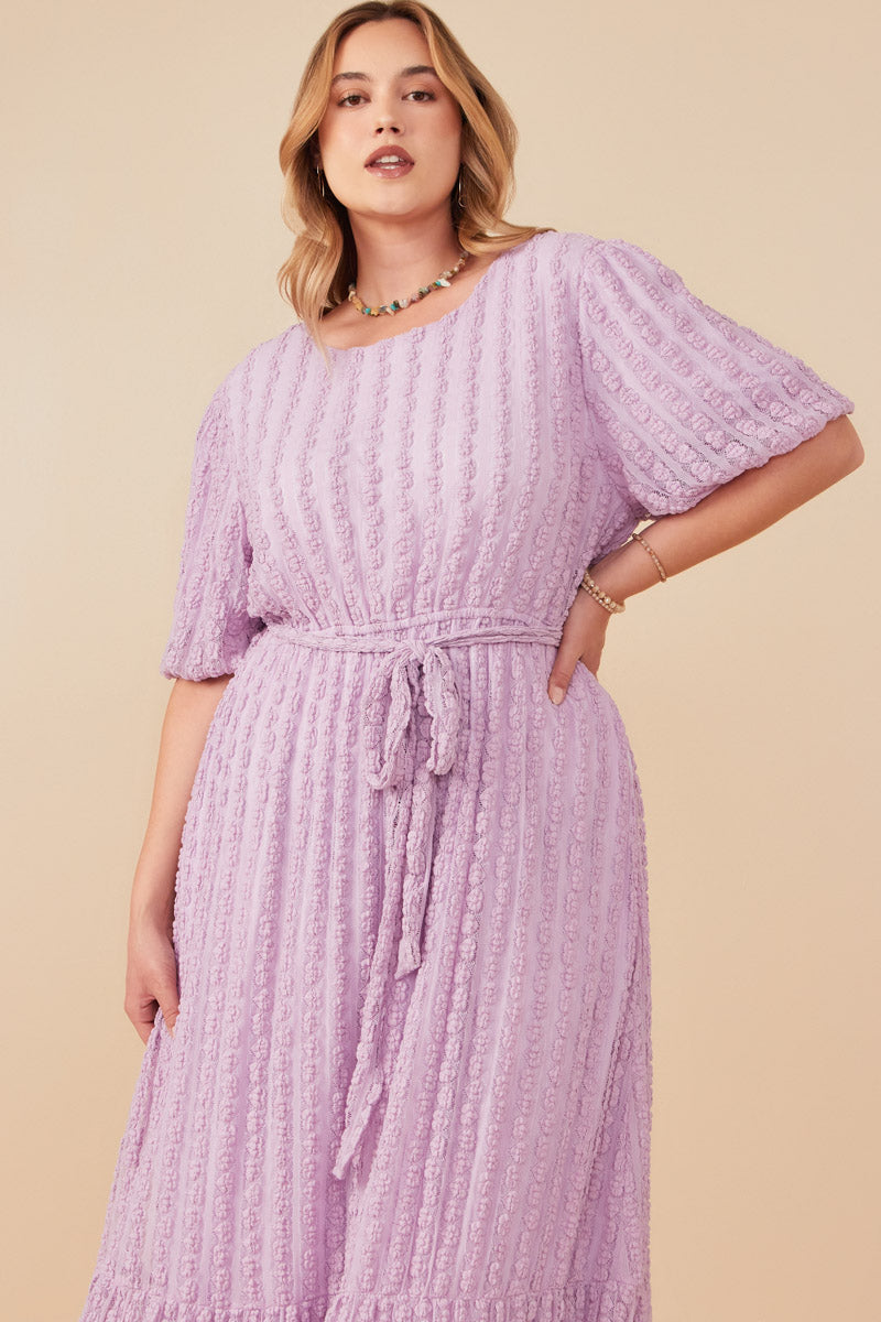 HY8181 Lavender Womens Popcorn Textured Belted Dress Side