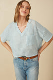 HY8183 Blue Womens Rippled Textured V Neck Boxy T Shirt Front