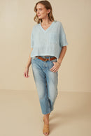 HY8183 Blue Womens Rippled Textured V Neck Boxy T Shirt Gif