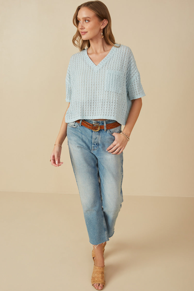 HY8183 Blue Womens Rippled Textured V Neck Boxy T Shirt Gif