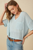 HY8183 Blue Womens Rippled Textured V Neck Boxy T Shirt Full Body