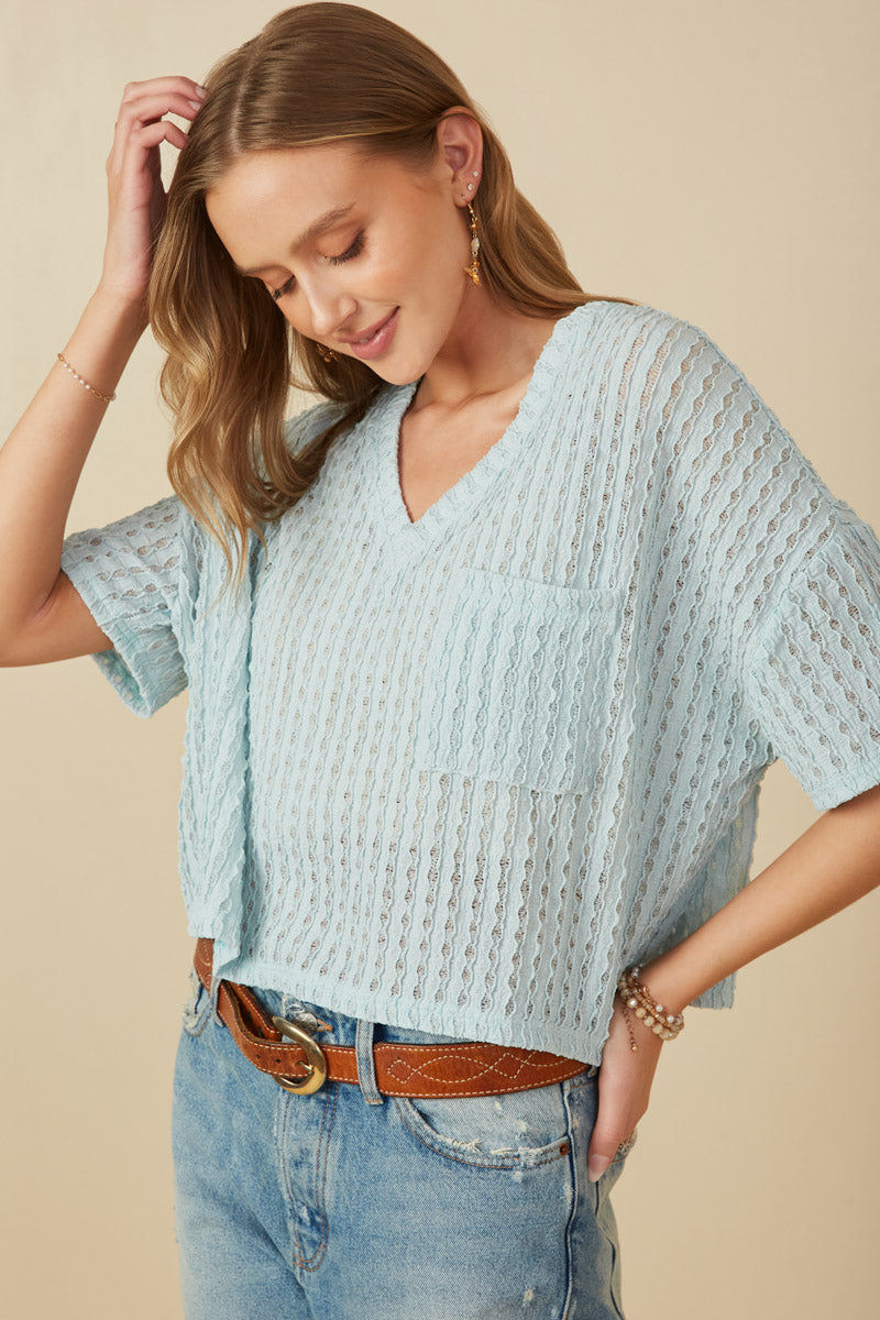 HY8183 Blue Womens Rippled Textured V Neck Boxy T Shirt Full Body