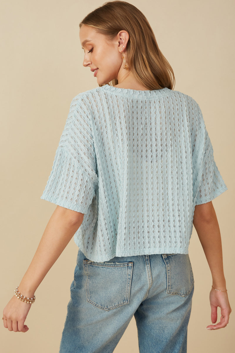 HY8183 Blue Womens Rippled Textured V Neck Boxy T Shirt Pose