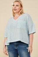 HY8183W Blue Plus Rippled Textured V Neck Boxy T Shirt Front