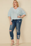 HY8183 Blue Womens Rippled Textured V Neck Boxy T Shirt Back