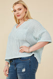 HY8183W Blue Plus Rippled Textured V Neck Boxy T Shirt Gif