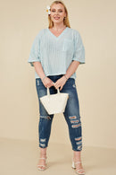 HY8183W Blue Plus Rippled Textured V Neck Boxy T Shirt Side