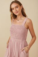 HY8186 Blush Womens Smocked Strappy Marled Knit Jumpsuit Gif