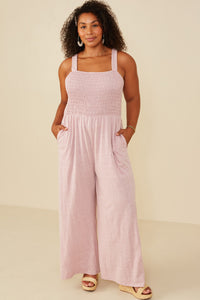 HY8186 Blush Womens Smocked Strappy Marled Knit Jumpsuit Full Body