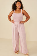 HY8186 Blush Womens Smocked Strappy Marled Knit Jumpsuit Back