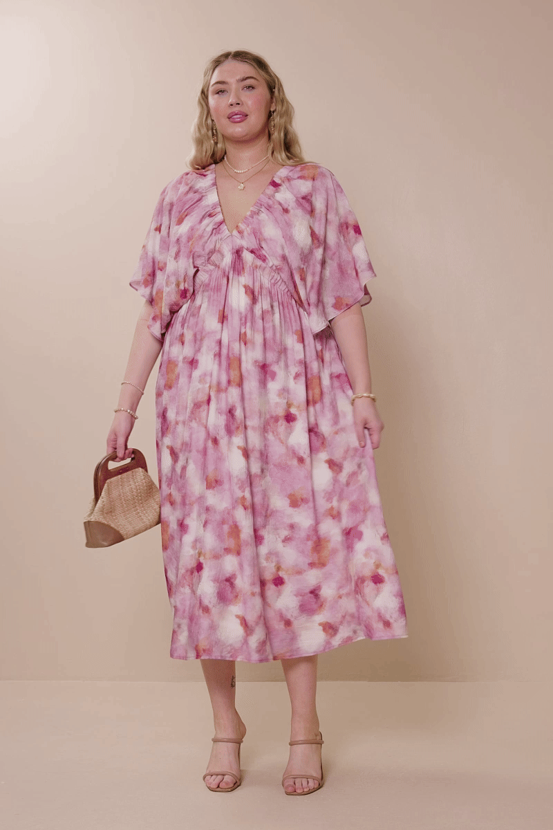 HY8194W Pink Plus Hazy Floral Elastic Detail Dress Gif