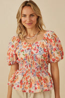 HY8195 Orange Womens Floral Smocking Paneled Puff Sleeve Top Front