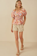 HY8195 Orange Womens Floral Smocking Paneled Puff Sleeve Top Gif