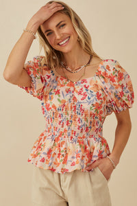 HY8195 Orange Womens Floral Smocking Paneled Puff Sleeve Top Back