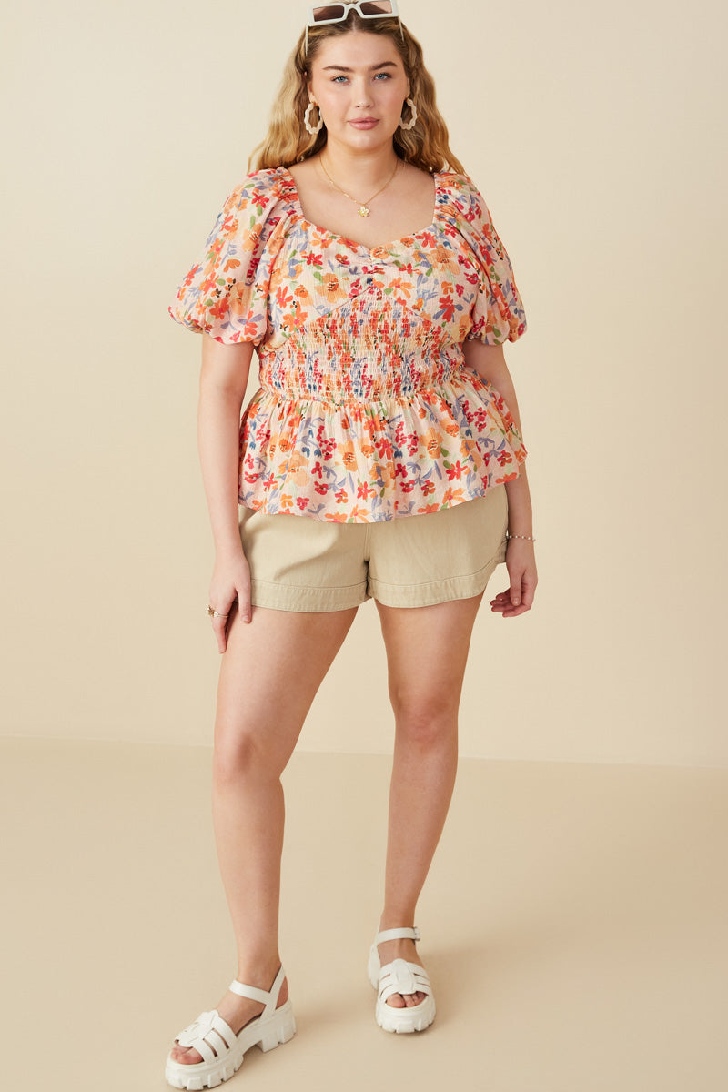 HY8195W Orange Plus Floral Smocking Paneled Puff Sleeve Top Gif