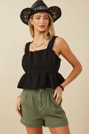 HY8199 Womens Floral Embossed Elastic Strap Cropped Peplum Top Front