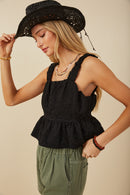 HY8199 Womens Floral Embossed Elastic Strap Cropped Peplum Top Detail