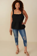 HY8199W Black Plus Floral Embossed Elastic Strap Cropped Peplum Top Full Body