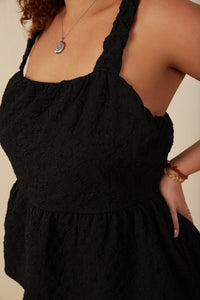 HY8199W Black Plus Floral Embossed Elastic Strap Cropped Peplum Top Detail