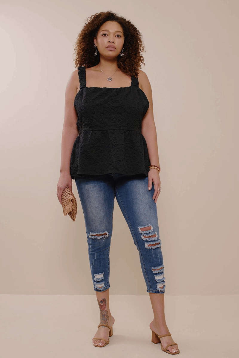 HY8199W Black Plus Floral Embossed Elastic Strap Cropped Peplum Top Gif