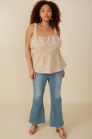 HY8199W Taupe Plus Floral Embossed Elastic Strap Cropped Peplum Top Full Body