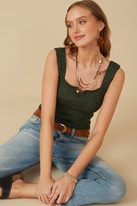 HY8210 Green Womens Notch Detail Rib Knit Fitted Tank Pose