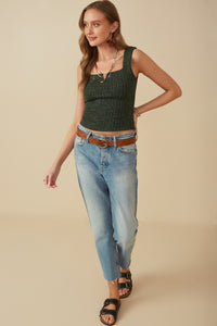 HY8210 Green Womens Notch Detail Rib Knit Fitted Tank Full Body