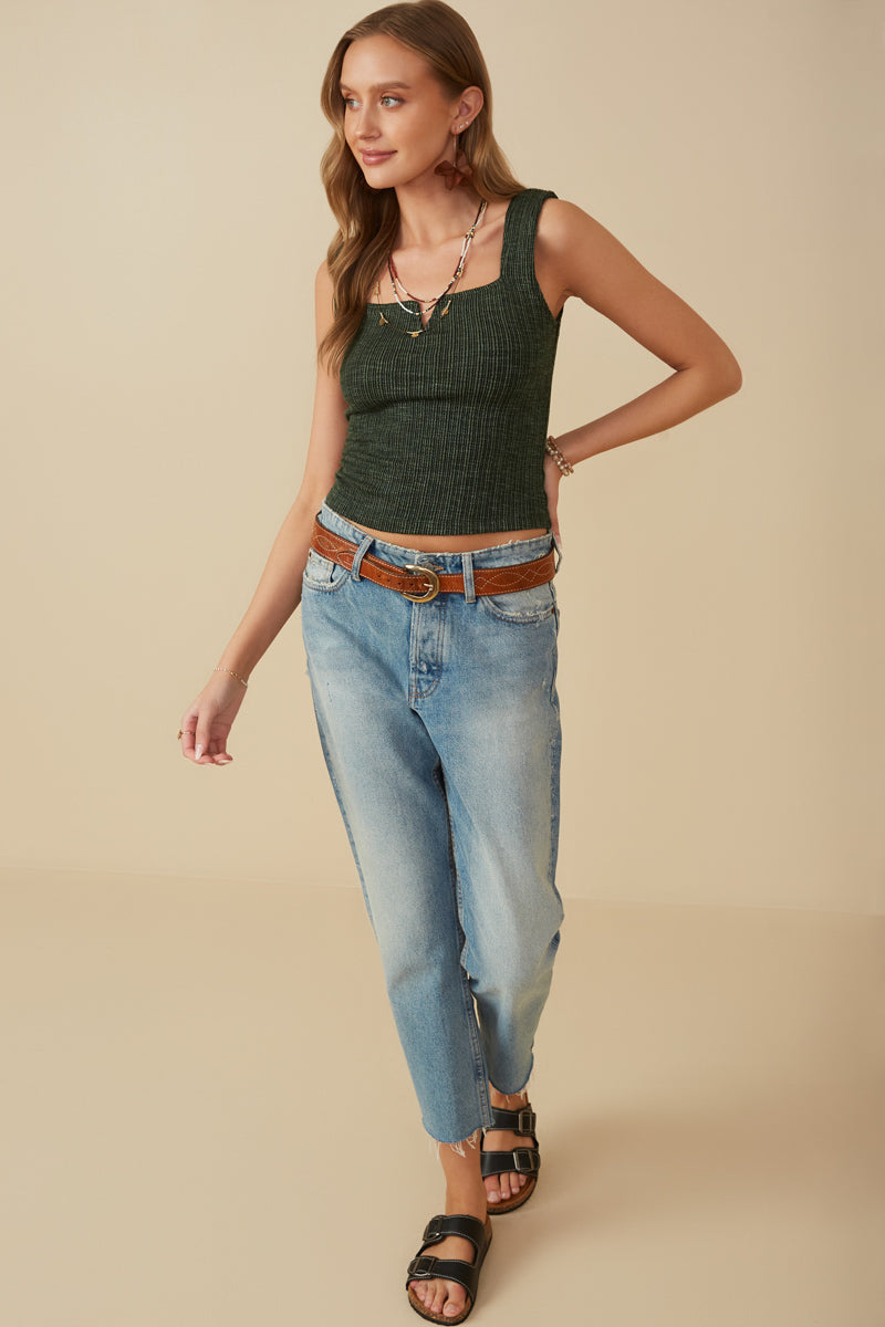 HY8210 Green Womens Notch Detail Rib Knit Fitted Tank Full Body