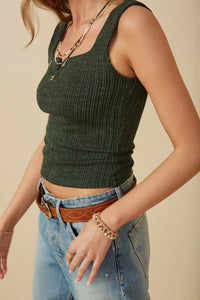 HY8210 Green Womens Notch Detail Rib Knit Fitted Tank Side