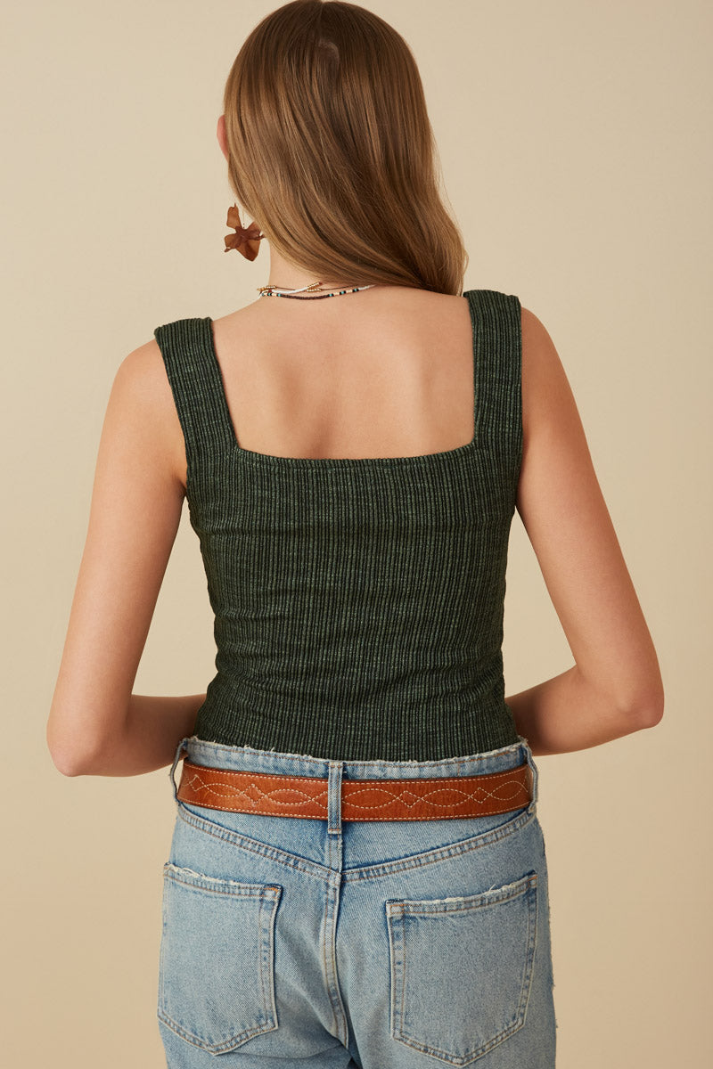HY8210 Green Womens Notch Detail Rib Knit Fitted Tank Back