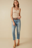 HY8210 Oatmeal Womens Notch Detail Rib Knit Fitted Tank Full Body