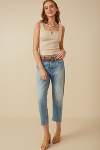 HY8210 Oatmeal Womens Notch Detail Rib Knit Fitted Tank Full Body